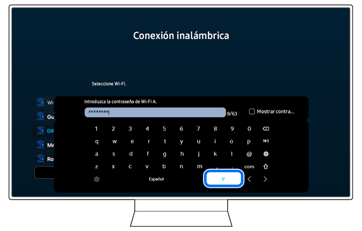 Samsung Smart TV screen displaying the wireless connection interface, where the password for a Wi-Fi network is being entered on a virtual keyboard.