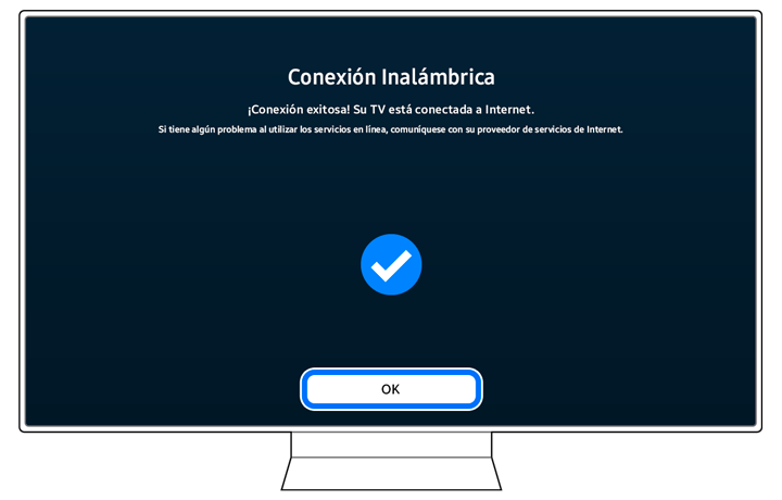 Confirmation screen on a Samsung Smart TV stating 'Success! Your TV is connected to the Internet.' with an 'OK' button highlighted for selection.