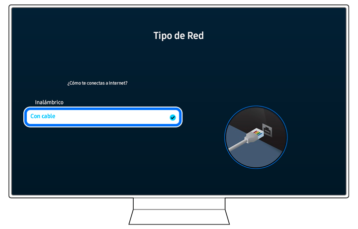 Screen display on a Samsung Smart TV showing the 'Network Type' selection with 'Wired' highlighted, accompanied by an icon of an Ethernet cable.