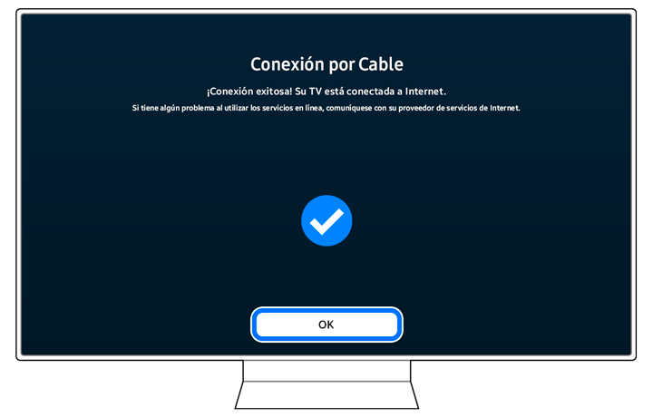 Confirmation message on a Samsung Smart TV stating 'Success! Your TV is connected to the Internet.' with the option to select 'OK'.