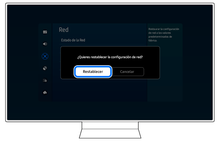 Confirmation dialog box on a Samsung Smart TV asking 'Do you want to reset the network settings?' with options to select 'Reset' or 'Cancel.'