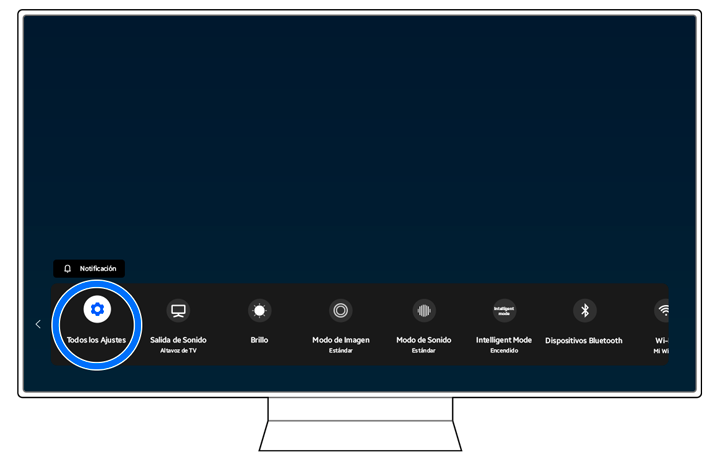 Samsung Smart TV screen displaying the quick settings menu with the 'All Settings' option highlighted for selection.