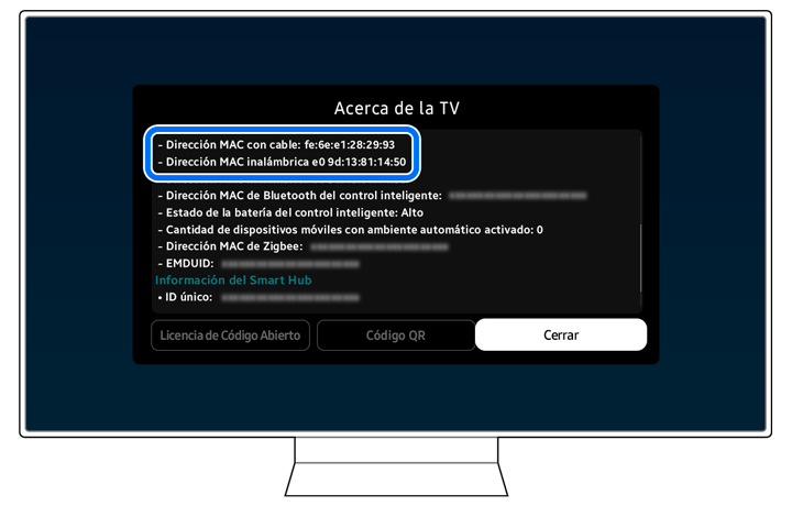 Screen showing the 'About TV' menu on a Samsung Smart TV, listing both Wired and Wireless MAC Addresses among other device information.