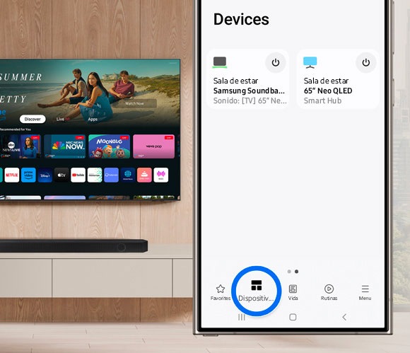 Phone displaying the SmartThings app with the Devices tab highlighted, next to a Samsung Smart TV showing the home screen.