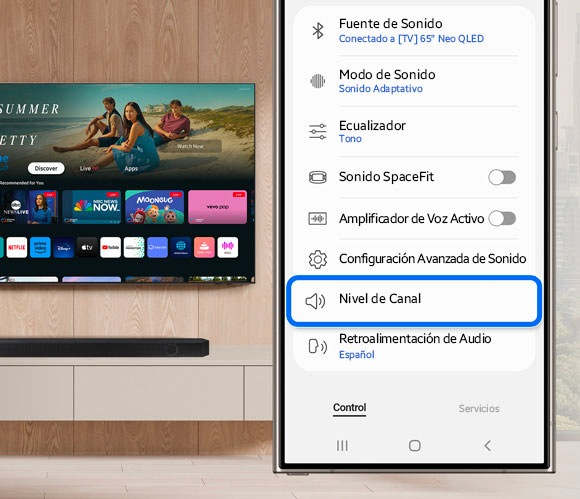 Phone screen displaying the soundbar settings menu in the SmartThings app, with 'Channel Level' highlighted for adjusting the center channel volume.