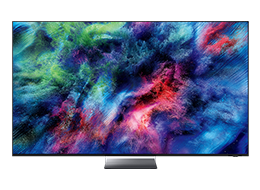 Un Samsung Micro RGB R95H TV muestra un paisaje abstracto y colorido en la pantalla.