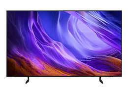 Un televisor Samsung OLED S85H muestra un paisaje abstracto en tonos azul y rojo en la pantalla.