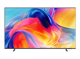 Un televisor Samsung Mini LED M70H muestra un diseño abstracto azul, rojo y naranja en la pantalla.