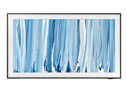 Un televisor Samsung The Frame Pro LS03HW muestra una obra de arte abstracta en tonos azul y blanco en la pantalla.