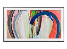 Un Samsung The Frame LS03HA TV muestra una colorida obra de arte en la pantalla.