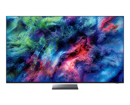 Un Samsung Micro RGB R95H TV muestra un paisaje abstracto y colorido en la pantalla.
