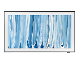 Un televisor Samsung The Frame Pro LS03HW muestra una obra de arte abstracta en tonos azul y blanco en la pantalla.