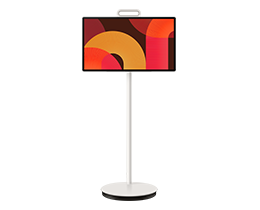 Un televisor Samsung The Movingstyle 27LSM7F muestra formas abstractas en tonos rojo y amarillo en la pantalla.