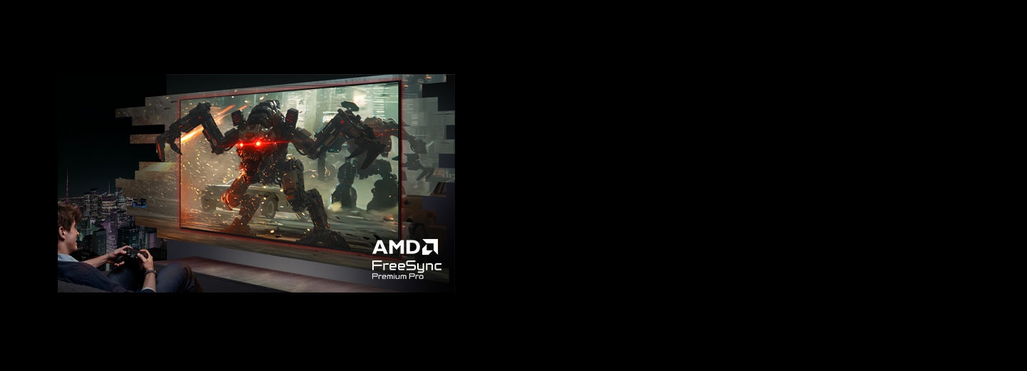 Un hombre juega en una televisión con imágenes hiperrealistas que parecen salir de la pantalla. Logotipo de AMD FreeSync Premium Pro.