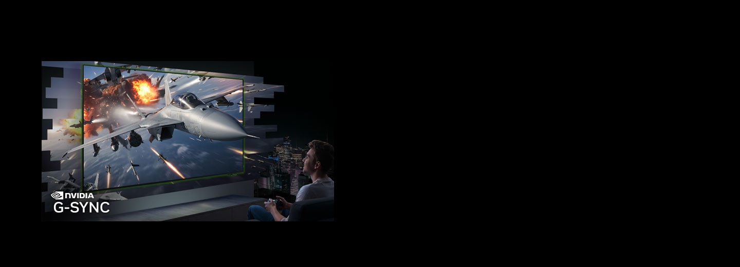 Hombre jugando en una televisión Samsung OLED. Aparece una escena de juego de combate aéreo llena de acción que sale de la pantalla. Logotipo de NVIDIA G-Sync.