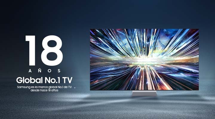 Samsung TV con un diseño metálico brillante. Logotipo que indica que Samsung ocupa el puesto n.º 1 de la marca de TV por 18 años.