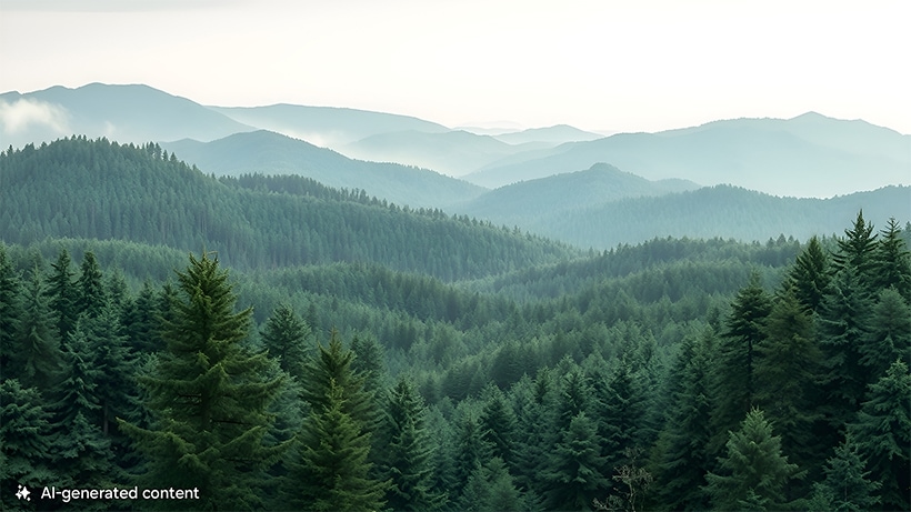 Una serie de montañas con árboles verdes. Una nota en la parte inferior lee el contenido generado por AI.