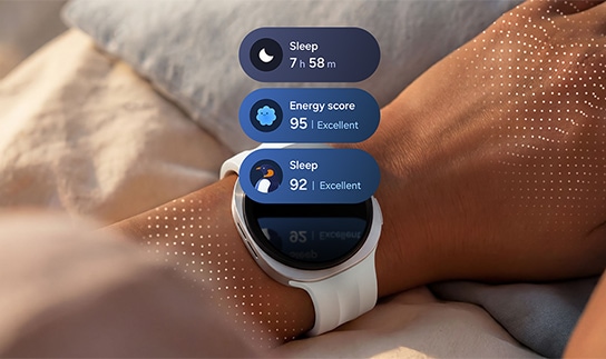 Samsung Galaxy Watch9 in Cream with a Sport Band in Cream worn on a person's wrist with light waves spreading from the watch along the person's arm to signify sleep tracking. Three sleep tracking tiles appear above the watch display, including a tile with sleep duration 7 h 58 m, a tile with an Excellent Energy score of 95 and a sleep coaching tile with a penguin icon and an Excellent sleep score of 92.