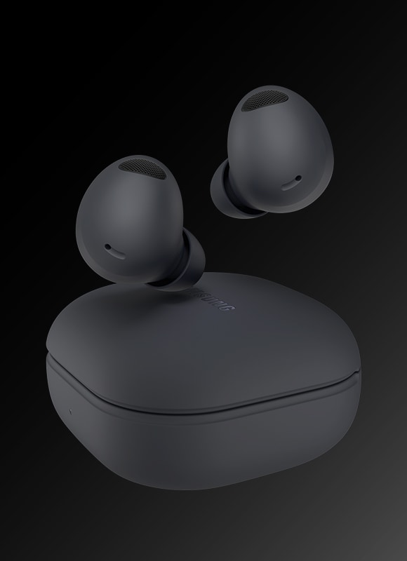 Buy Buds2 Pro at best price and deals now. A pair of Samsung Galaxy Buds 2 Pro in Graphite is seen floating above its case of the same colour.