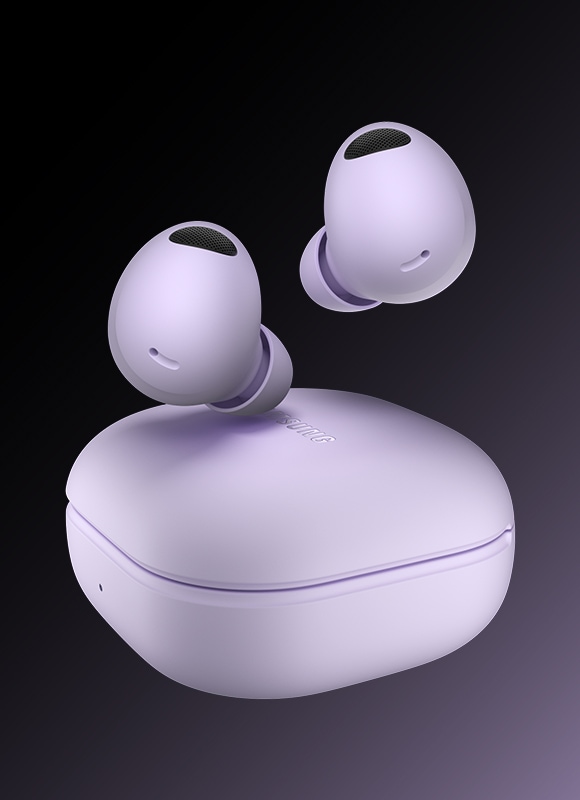 Buy Samsung Galaxy Buds 2 Pro at best price and offers now. A pair of Bora Purple Buds2 Pro is seen floating above its case of the same colour.