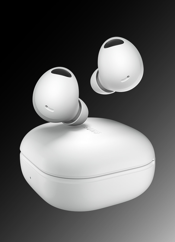 Buy Galaxy Buds2 Pro at best price and promotions now. A pair of White Buds 2 Pro is seen floating above its case of the same colour.