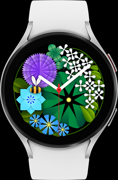 A 44mm Galaxy Watch5 Bluetooth in Silver with flower garden fall watch face.