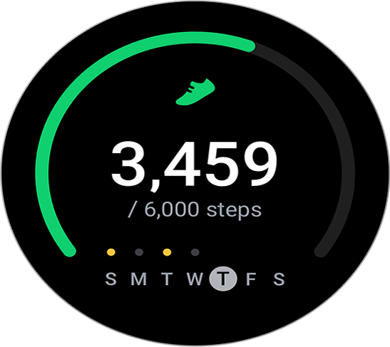 A 44mm Silver Samsung Watch5 Bluetooth is displaying counted steps in big white numbers '3,459 / 6000 steps' and the days of the week with Thursday highlighted.