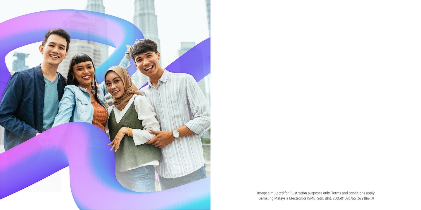 Galaxy Forever banner featuring 4 young individuals posing for the camera. Image simulated for illustration purposes only. Terms and Conditions apply. Subject to program registration by 31 October 2024 and device assessment during upgrade. Samsung Malaysia Electronics (SME) Sdn. Bhd. 200301026766 (629186-D)