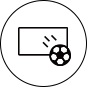 A circle containing a representation of a TV with a soccer ball flying out of it.
