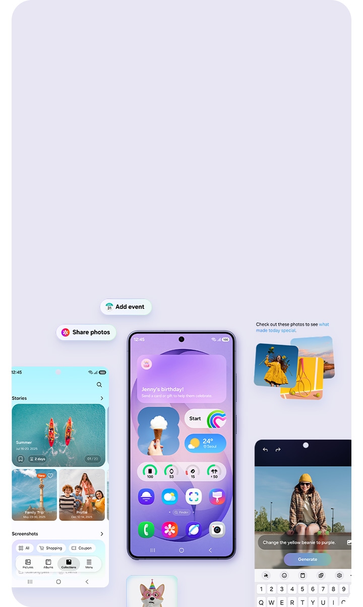 A Galaxy S26 Ultra phone in Cobalt Violet displays a variety of apps and widgets on the home screen. The phone is surrounded by various other screens and widgets that show the different functions and activities that can be done with a Galaxy phone.
