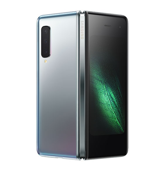 Galaxy Fold in Space Silver seen from the rear slightly folded. Rear camera, display and hinge are all visible.