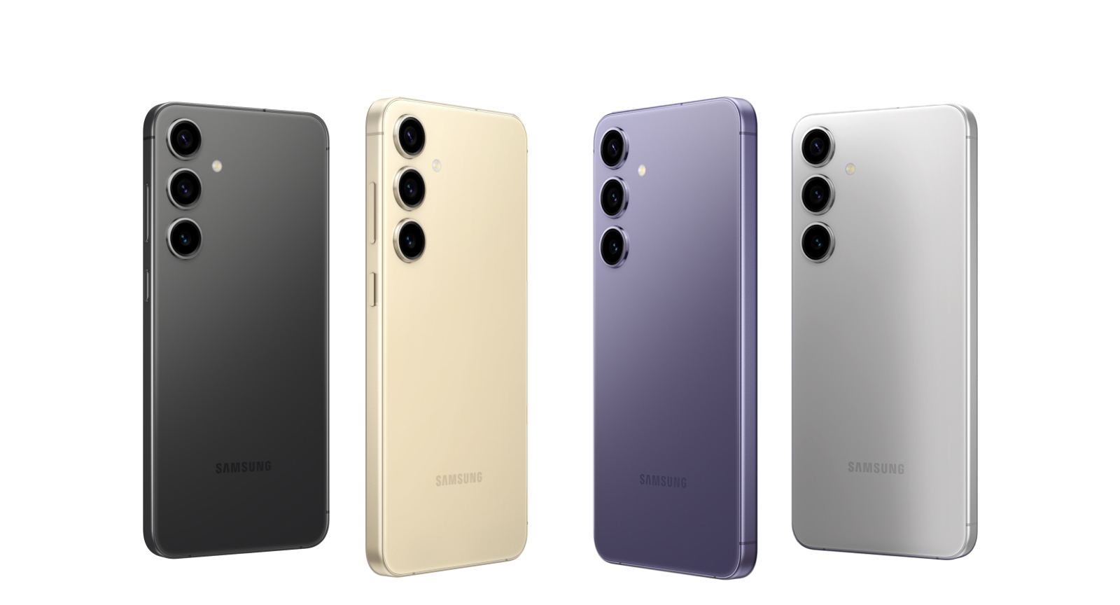Four Samsung Galaxy S24 series devices seen from the rear. Each showcases a different colour: Onyx Black, Amber Yellow, Cobalt Violet and Marble Gray.