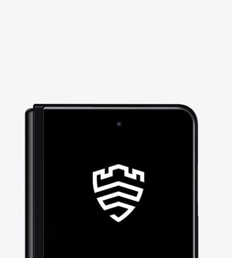 Front view of Galaxy Z Fold 3 5G in Phantom Black with the Samsung Knox logo on the cover screen, showcasing the in-built Samsung Knox security software.
