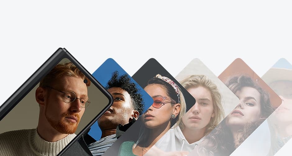 A stack of six portraits of males and females on the Samsung Galaxy Z Fold3 5G, showcasing the smartphone's large 512GB storage.