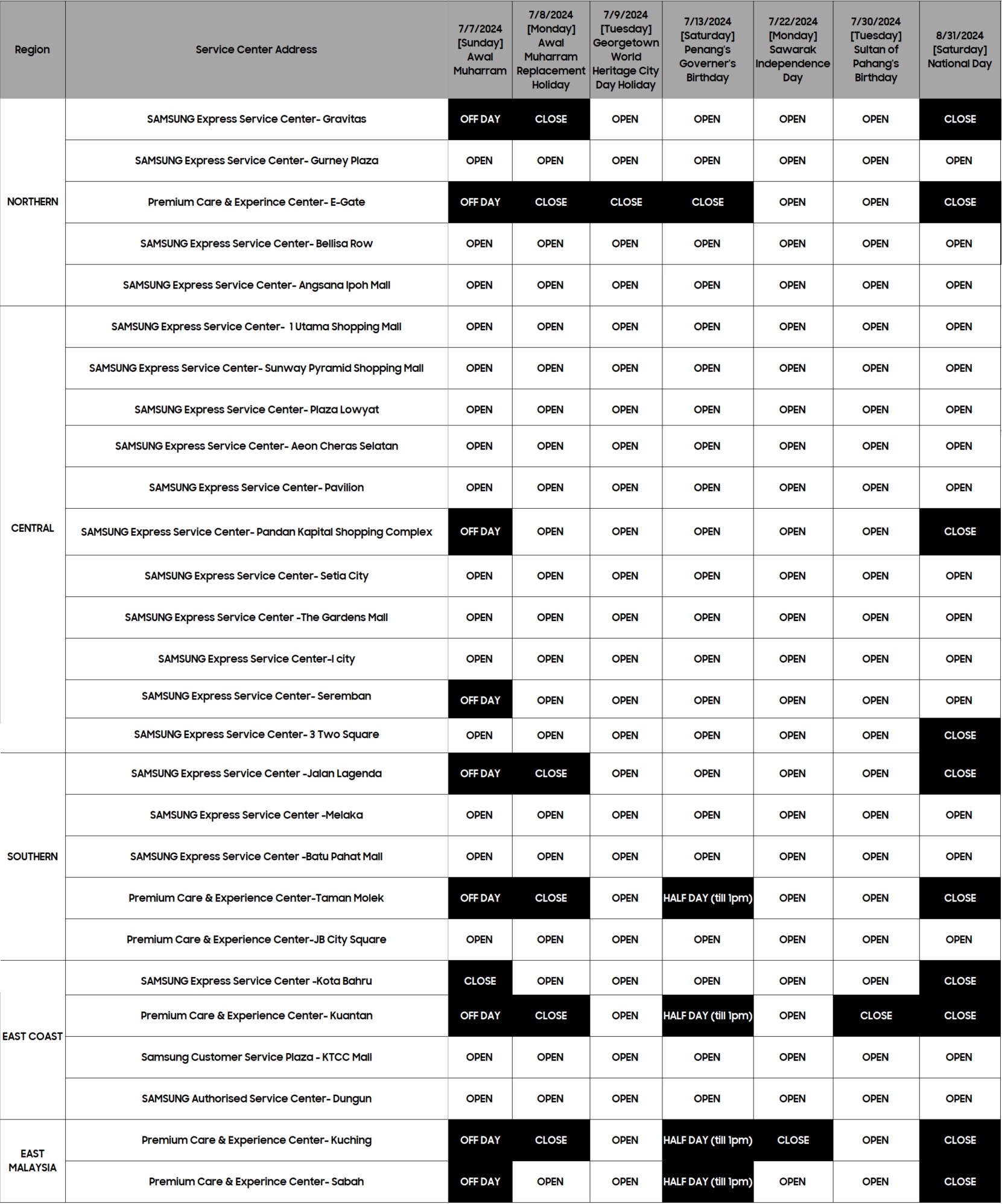 [Holiday Closure] Service Centers Operation Time | Samsung Malaysia