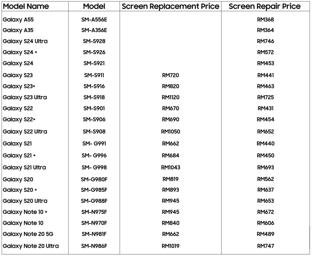 samsung touch screen repair cost