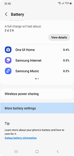Select view more in the battery menu