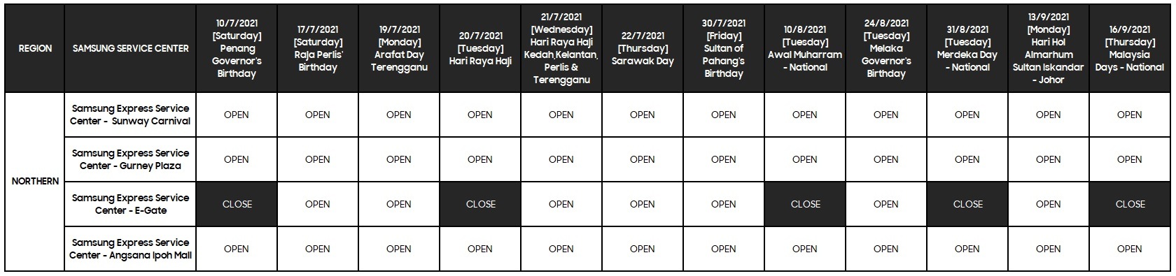 Holiday Closure] Service Centers Operation Time  Samsung Malaysia