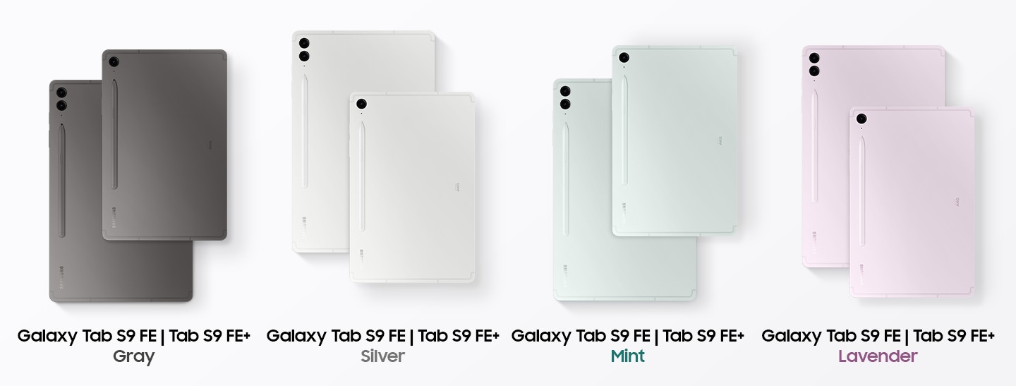 Galaxy Tab S9 FE and Galaxy Tab S9 FE+ with S Pen in Gray, Silver, Mint and Lavender are placed next to each other with their backs facing up and S Pen attached, showcasing the various colors of the tablets and S Pen.