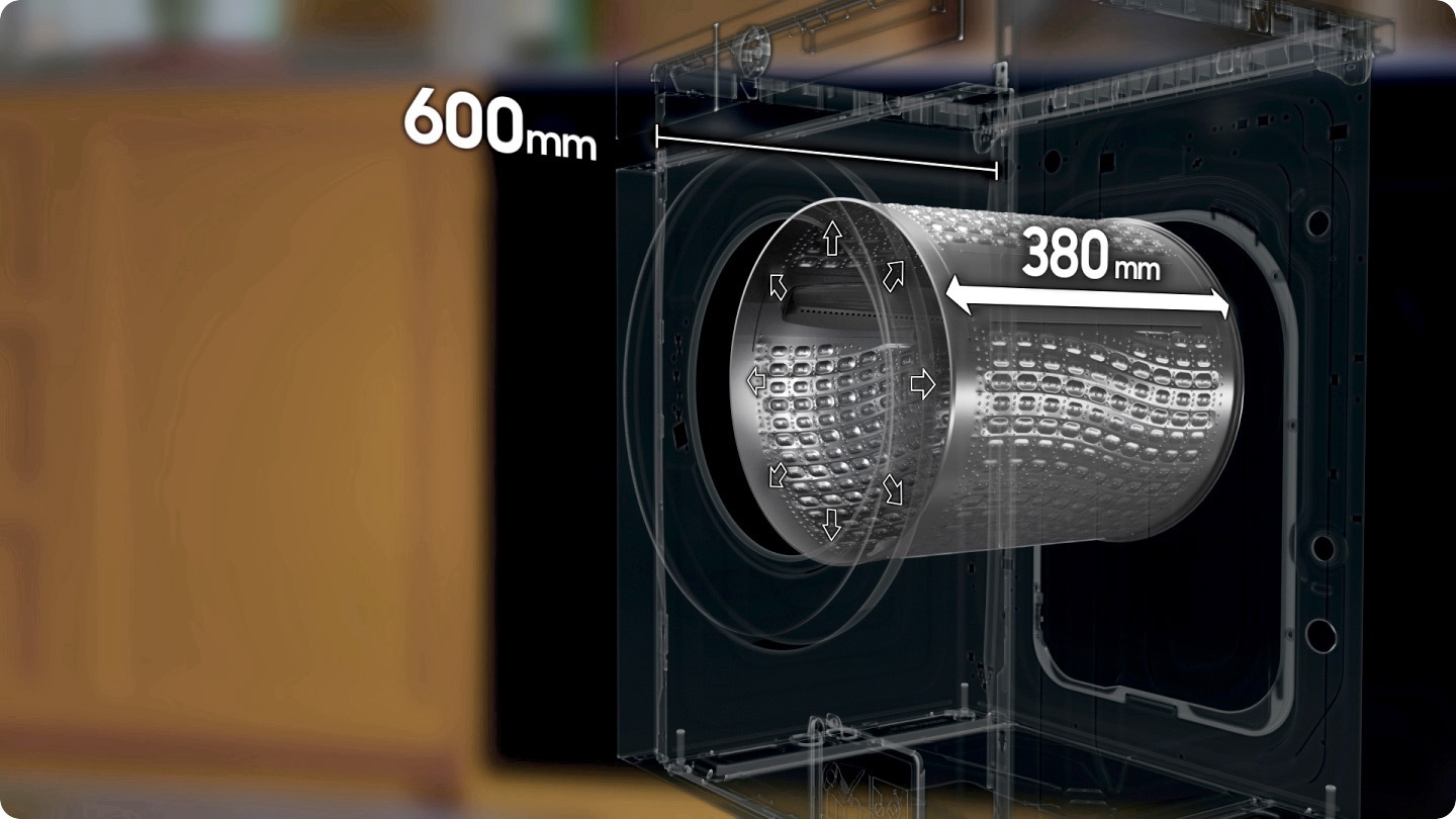 A black Bespoke AI™ washer and dryer set is built side by side into a cabinet. There is an illustration of Bespoke AI™ washer’s internal structure and the depth of the washer is 600mm. The inside of the washer is growing deeper as an arrow gets longer and the dimensions increase from 300mm to 380mm, indicating that SpaceMax™ technology creates more space inside but maintaing the machine size.