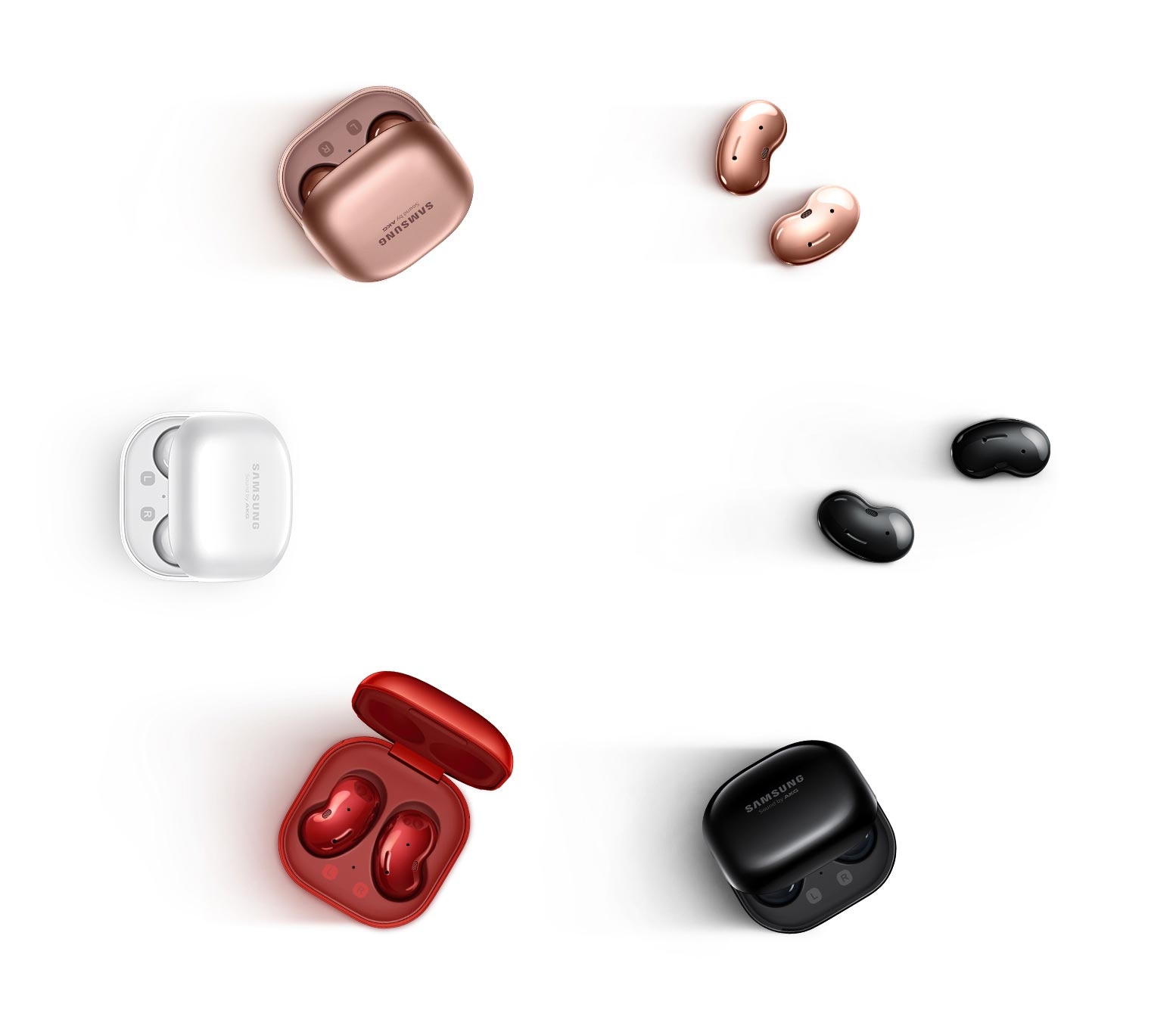 There are 6 Galaxy Buds Live in different colors placed in a circle. Starting from the top going clockwise, two pairs of earbuds in Mystic Bronze and Onyx are next to each other. And then there's Onyx, Mystic Red, Mystic White, and Mystic Bronze Galaxy Buds Live cases and earbuds.