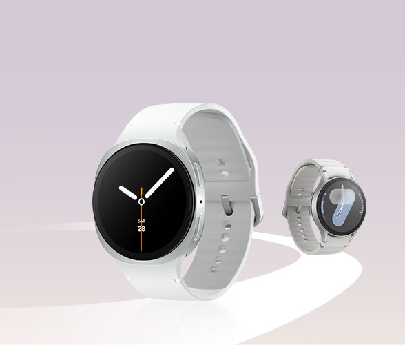 Galaxy Watch8 in the front and Galaxy Watch7 in the back. Both are placed on a track-like line to indicate the Trade-In Program.