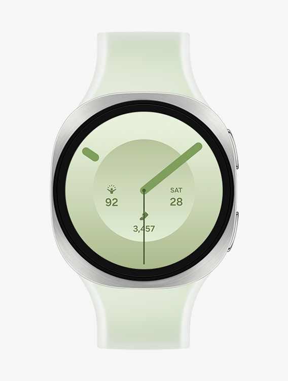 Front view and close-up angled view of Galaxy Watch9 with a Misty Band in Green, displaying a watch face with information such as time, Energy Score, date and number of steps.