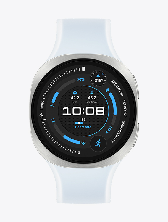 Front view and close-up angled view of Galaxy Watch9 with a Misty Band in Blue, displaying a running exercise watch face.