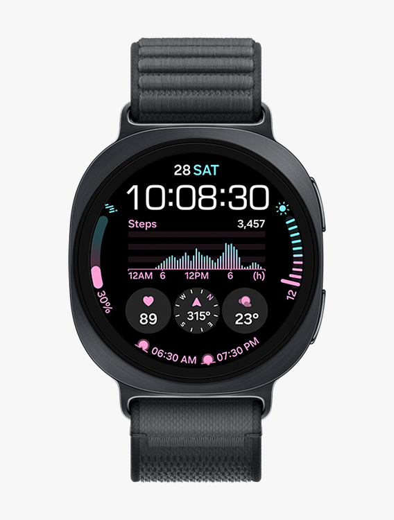 Front view and close-up angled view of Galaxy Watch9 with a Fabric Band in Black, displaying a watch face with information such as date, time, number of steps, weather, heart rate, compass, sunrise and sunset.