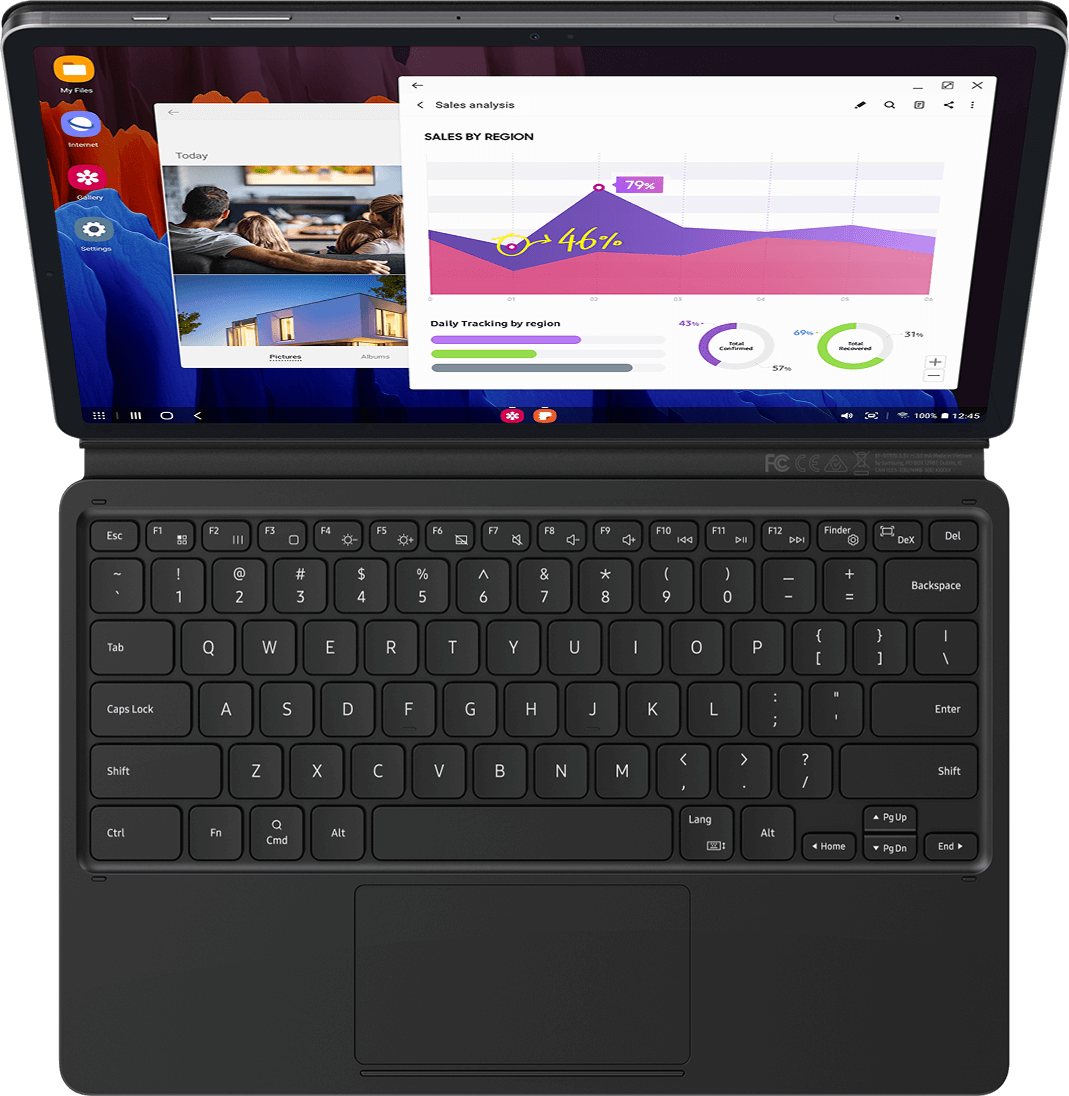 When the magnetic BookCover Keyboard is attached to
                                                                                        Galaxy Tab S7+, you can simply press the DeX hotkey to
                                                                                        complete your PC-like experience
