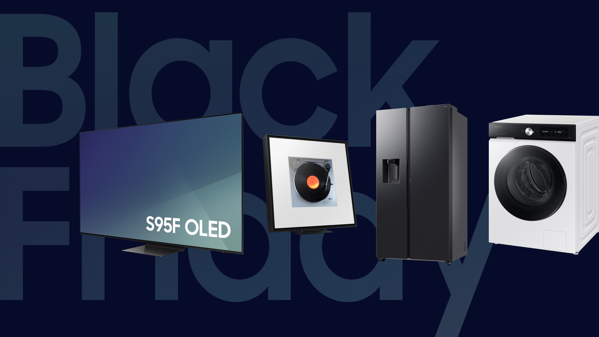 Je ziet hier van voorzijde een wasmachine , koelkast , music frame and OLED TV met een donkerblauwe achtergrond