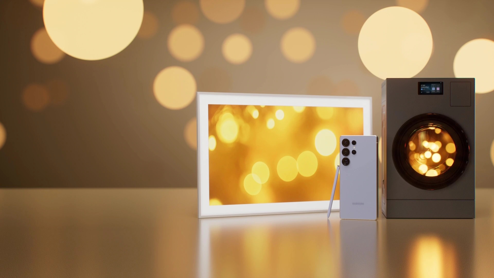 Goud licht schijnt door een ornament. In het ornament zijn een Galaxy S25 Ultra with S Pen, The Frame, en de Bespoke AI Combo getoond.