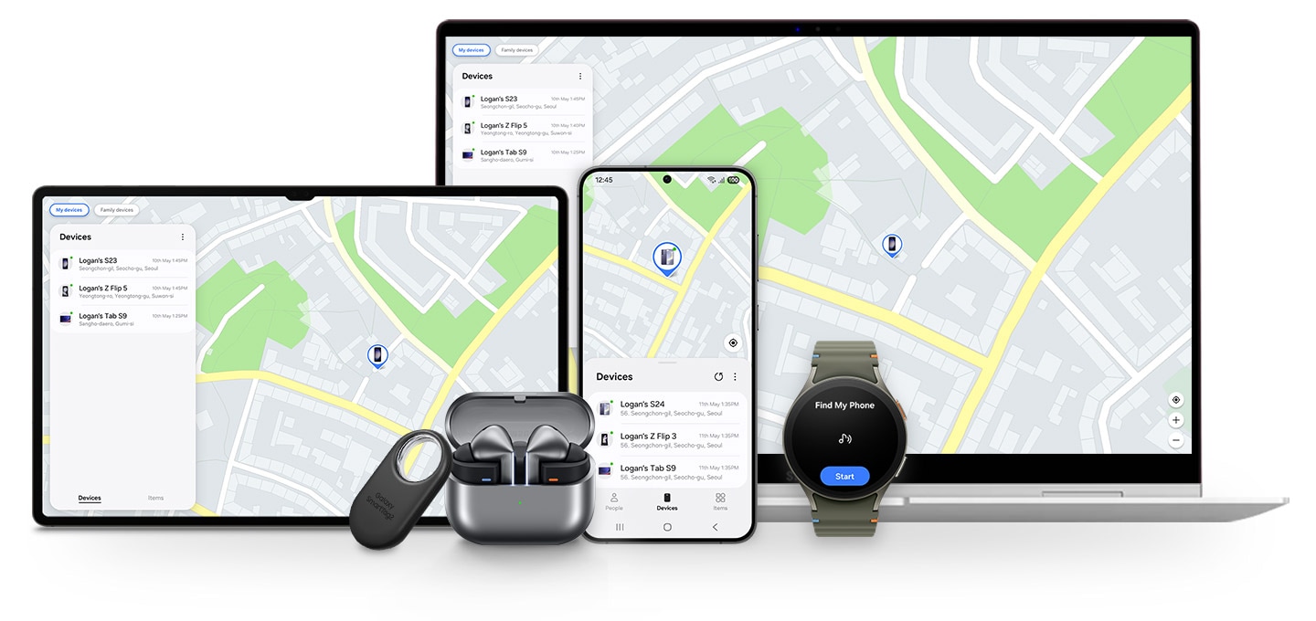 We zien het scherm van Samsung Find op de Galaxy Book, Galaxy Tab en Galaxy smartphone met de huidige locatie van een verloren apparaat. SmartTag, Galaxy Buds en Galaxy Watch worden ernaast weergegeven om te laten zien dat deze ook compatibel zijn met Samsung Find. Galaxy Watch geeft de tekst 'Find My Phone' weer, met een oproepicoon en de knop 'Start'.