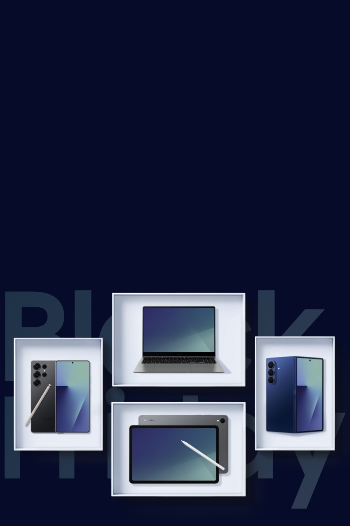 Donkerblauwe achtergrond met de tekst Black Friday. Hierin staan 4 dozen die een twee telefoons, een tablets en een laptop laten zien 